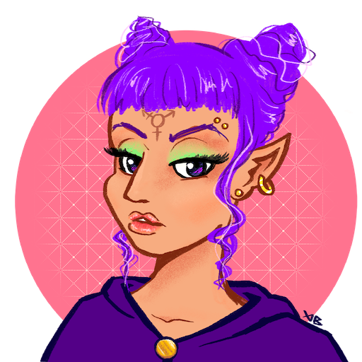 me as an elf with my ideal purple double buns that are shaped like cones as if I'm hiding ears or horns or something.
