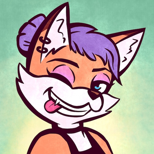 My fursona, a cartoon portrait of a fox with purple hair winking at the camera.